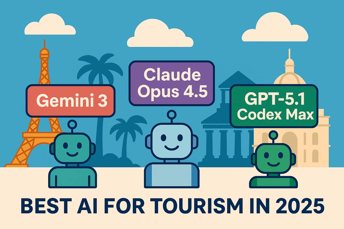 Three friendly AI robots representing Gemini 3, Claude Opus 4.5, and GPT-5.1 Codex Max in front of world landmarks including the Eiffel Tower - Best AI for Tourism 2025